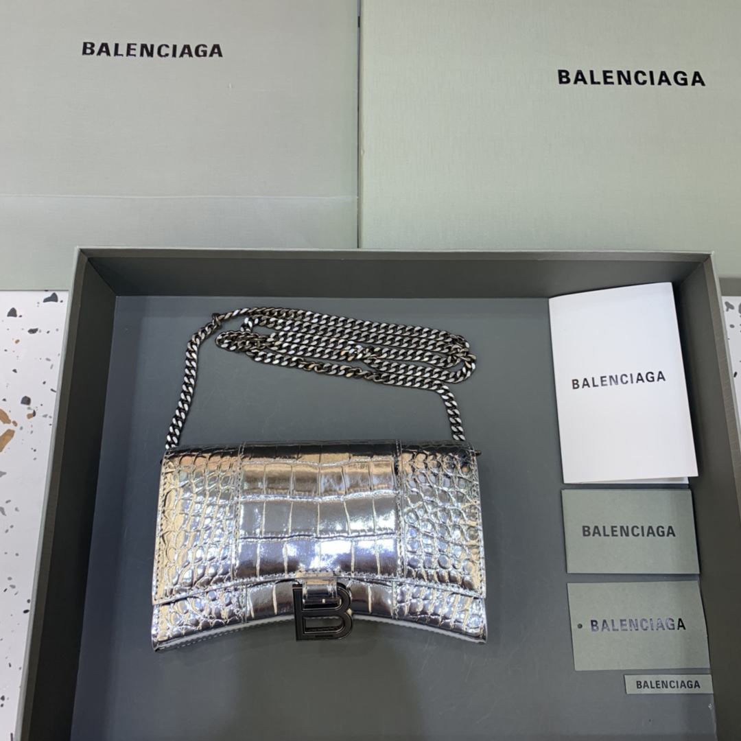 Balenciaga Small Hourglass Wallet With Chain Crocodile Embossed Shoulder Bag Silver